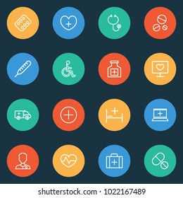 Drug icons line style set with equipment, stethoscope, medicines and other case elements. Isolated vector illustration drug icons.