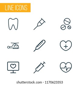 Drug icons line style set with thermometer, crutch, diagnosis and other drug  elements. Isolated vector illustration drug icons.