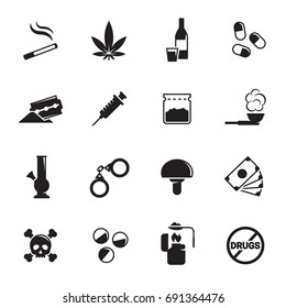 Drug icons, mono vector symbols. Black on a white background