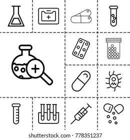 Drug icons. set of 13 editable outline drug icons such as test tube, syringe, medical kit, medical pills, pill, test tube search, virus and pills