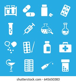 Drug icons set. set of 16 drug filled icons such as paints, first aid kit, syringe, test tube, pill, medical bottle, medicine, medical pills, test tube search, injection rash