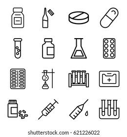 Drug icons set. set of 16 drug outline icons such as syringe, pill, medical bottle, ampoule, medicine, medical kit, test tube