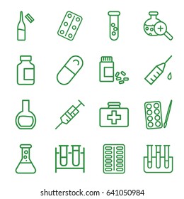 Drug icons set. set of 16 drug outline icons such as paints, first aid kit, syringe, test tube, pill, medical bottle, ampoule, medicine, medical pills, test tube search