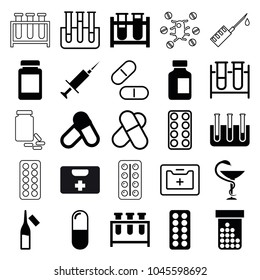 Drug icons. set of 25 editable filled and outline drug icons such as pill, test tube, medical bottle, ampoule, medicine, medical kit, bottle pills, injection, medical pills