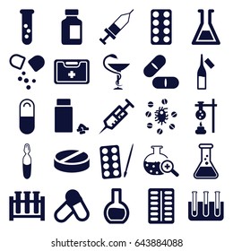 Drug icons set. set of 25 drug filled icons such as paints, syringe, pill, medical bottle, ampoule, medicine, medical kit, test tube, medical ampoule, test tube search