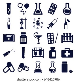 Drug icons set. set of 25 drug filled icons such as paints, first aid kit, test tube, pill, medical bottle, ampoule, medicine, medical kit, injection, virus and pills