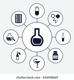 Drug icons set. set of 9 drug filled icons such as pill, ampoule, medical ampoule, medicine, test tube search