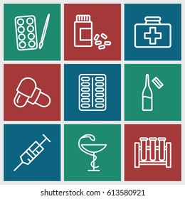 Drug icons set. set of 9 drug outline icons such as paints, first aid kit, syringe, pill, ampoule, medicine
