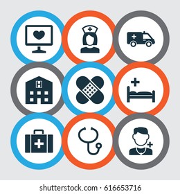 Drug Icons Set. Collection Of Bandage, Physician, Retreat Elements. Also Includes Symbols Such As Health, Retreat, Polyclinic.