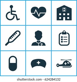 Drug Icons Set. Collection Of Beating, Cap, Healer And Other Elements. Also Includes Symbols Such As Medic, Healer, Heartbeat.