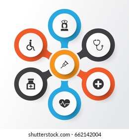 Drug Icons Set. Collection Of Beating, Device, Handicapped Elements. Also Includes Symbols Such As Stethoscope, Instrument, Device.