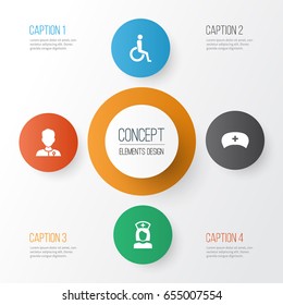 Drug Icons Set. Collection Of Cap, Handicapped, Healer Elements. Also Includes Symbols Such As Handicapped, Healthy, Wheelchair.