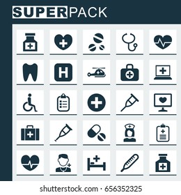 Drug Icons Set. Collection Of Chest, Beating, Pills And Other Elements. Also Includes Symbols Such As Rack, Healthy, Bag.