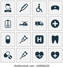 Drug Icons Set. Collection Of Copter, Rhythm, Plus And Other Elements. Also Includes Symbols Such As Sign, Ambulance, Temperature.