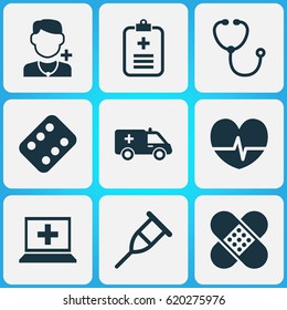Drug Icons Set. Collection Of Database, Remedy, Rhythm And Other Elements. Also Includes Symbols Such As First-Aid, Stethoscope, Capsule.