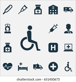 Drug Icons Set. Collection Of Database, Handicapped, Beating Elements. Also Includes Symbols Such As Pill, Health, Crutch.