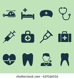 Drug Icons Set. Collection Of Device, Physician, Dental And Other Elements. Also Includes Symbols Such As Rhythm, Care, Helicopter.