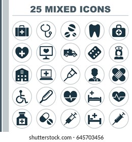 Drug Icons Set. Collection Of Disabled, Tent, Rhythm And Other Elements. Also Includes Symbols Such As Pellets, Pharmacy, Pulse.