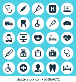 Drug Icons Set. Collection Of First-Aid, Spike, Database And Other Elements. Also Includes Symbols Such As Record, Medical, Dental.