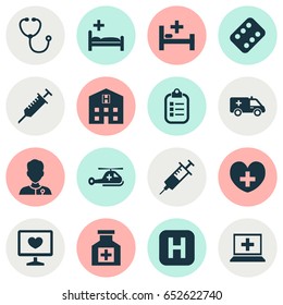 Drug Icons Set. Collection Of Heal, Injection, Healer And Other Elements. Also Includes Symbols Such As Device, Helicopter, Stings.