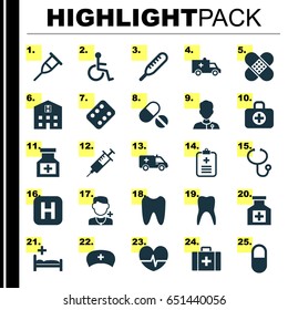 Drug Icons Set. Collection Of Hospital, Painkiller, Polyclinic And Other Elements. Also Includes Symbols Such As Pellets, Retreat, Medical.