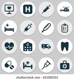 Drug Icons Set. Collection Of Hospital, Diagnosis, Rhythm And Other Elements. Also Includes Symbols Such As Helicopter, Cure, Bed.