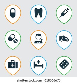 Drug Icons Set. Collection Of Injection, Remedy, Pills And Other Elements. Also Includes Symbols Such As Medicament, Syringe, Remedy.