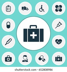 Drug Icons Set. Collection Of Mark, Ache, Bandage Elements. Also Includes Symbols Such As Surgical, Bandage, Plaster.