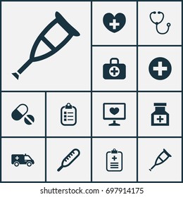 Drug Icons Set. Collection Of Mark, Heal, Diagnosis And Other Elements. Also Includes Symbols Such As Crutch, Stethoscope, First-Aid.