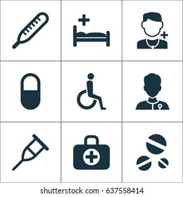 Drug Icons Set. Collection Of Mercury, Stand, Handicapped Elements. Also Includes Symbols Such As Illness, Nurse, Healthy.