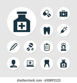 Drug Icons Set. Collection Of Painkiller, Healer, Pills And Other Elements. Also Includes Symbols Such As Painkiller, Tooth, Healer.