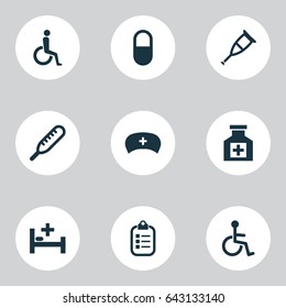 Drug Icons Set. Collection Of Pellet , Handicapped, Disabled Elements. Also Includes Symbols Such As Nurse, Cap, Painkiller.