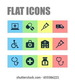 Drug Icons Set. Collection Of Pills, Device, Plus And Other Elements. Also Includes Symbols Such As Computer, Surgical, Antibiotic.