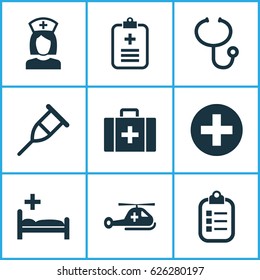 Drug Icons Set. Collection Of Plus, Analyzes, Nanny And Other Elements. Also Includes Symbols Such As Check, Record, Instrument.