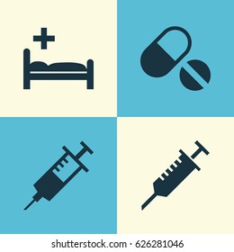 Drug Icons Set. Collection Of Polyclinic, Pills, Peck And Other Elements. Also Includes Symbols Such As Injection, Care, Clinic.