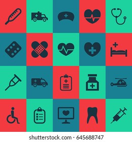 Drug Icons Set. Collection Of Polyclinic, First-Aid, Handicapped Elements. Also Includes Symbols Such As Stand, Data, Wheelchair.