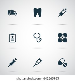 Drug Icons Set. Collection Of Spike, Pills, Peck And Other Elements. Also Includes Symbols Such As Crutch, Peck, Pills.