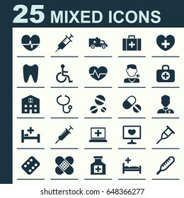 Drug Icons Set. Collection Of Stand, Healer, Bus Elements. Also Includes Symbols Such As Bag, Doctor, Heart.