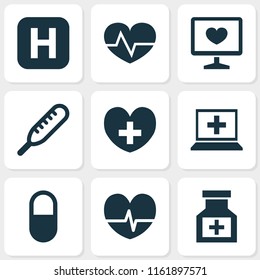 Drug icons set with heart, computer, medicine and other drug elements. Isolated vector illustration drug icons.