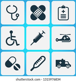 Drug icons set with helicopter, stings, brougham and other disabled elements. Isolated vector illustration drug icons.
