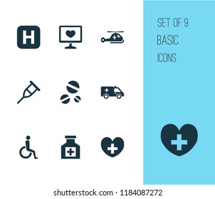 Drug icons set with drug, pain reliever, helicopter and other copter elements. Isolated vector illustration drug icons.