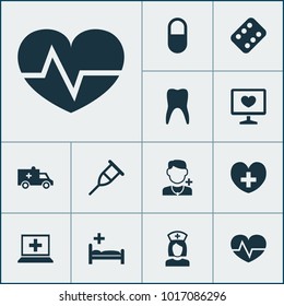 Drug icons set with rack, teeth, pill and other polyclinic elements. Isolated vector illustration drug icons.