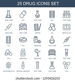 drug icons. Trendy 25 drug icons. Contain icons such as test tube, pill, injection, paints, medical kit, medicine, syringe, virus and pills, medical ampoule. drug icon for web and mobile.