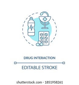 Drug Interaction Concept Icon. Medication Taking Idea Thin Line Illustration. Energy Drinks Side Effects. Possible Toxicity. Vector Isolated Outline RGB Color Drawing. Editable Stroke