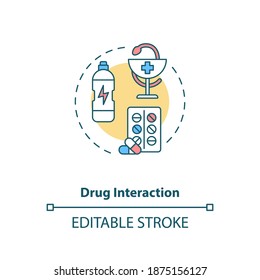 Drug Interaction Concept Icon. Medication Taking Idea Thin Line Illustration. Energy Drinks Danger. Reaction Between Drug And Beverage. Vector Isolated Outline RGB Color Drawing. Editable Stroke