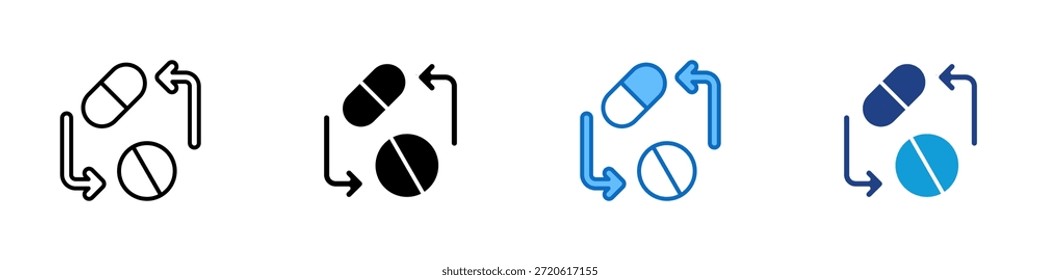 Drug Interaction Multiple Style Icon Design Vector - Two pills connected by arrows, symbolizing medication interaction and compatibility between drugs