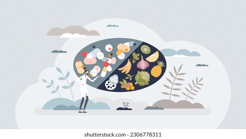 Drug interactions as pills and food medical side effects tiny person concept. Health risks using pharmaceutical prescriptions for illness treatment vector illustration. Medication combination problem