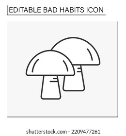 Drug line icon. Hallucinogenic mushroom. Unhealthy addiction. Narcotic.Bad habits concept. Isolated vector illustration. Editable stroke