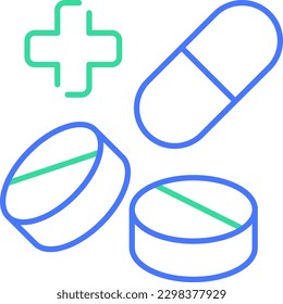 Icono de línea de medicamentos Set está diseñado con imágenes adecuadas para todos los médicos y servicios de salud