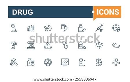 Drug line web icon set. Related to tablet, prescription, disease, drug, pharma and more. Outline icons pack. Editable stroke. Vector illustration.